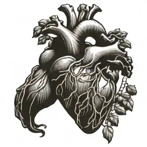 A detailed anatomical heart with coffee beans intertwined in the veins tattoo design idea