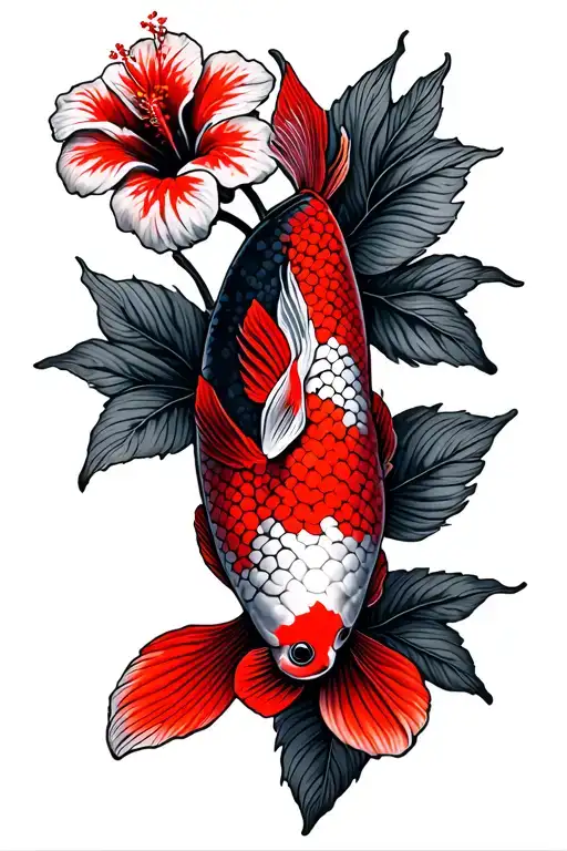 small koi fish hibiscus flowers with red ink tattoo design idea