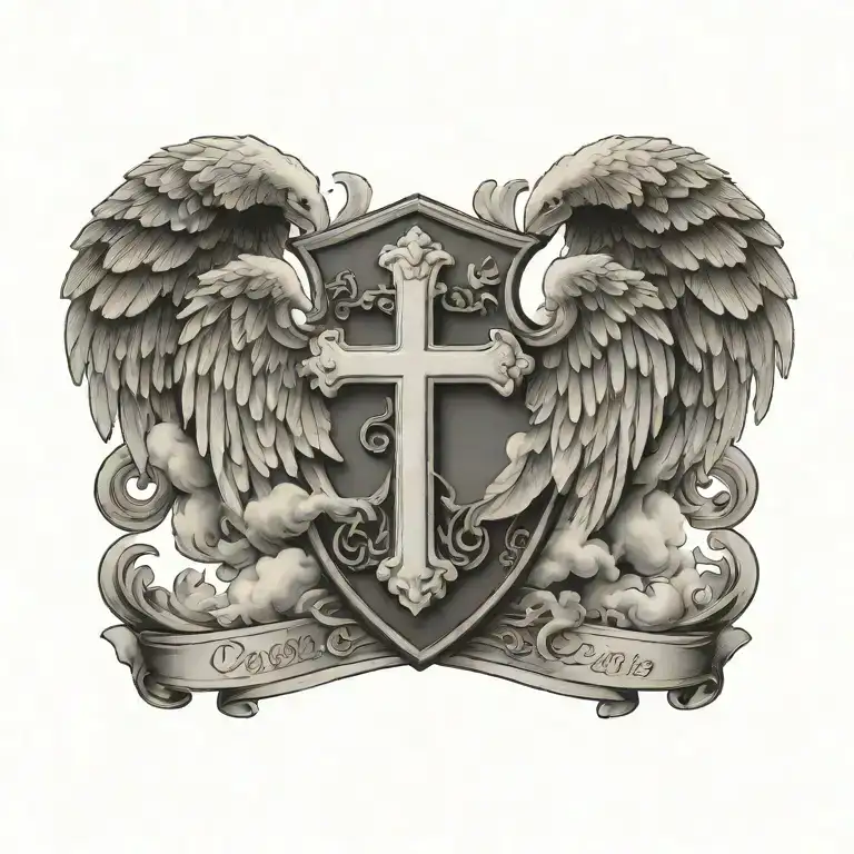 Coat of arms with cloud , wings of dove and cross and prayer on top , equal tattoo design idea