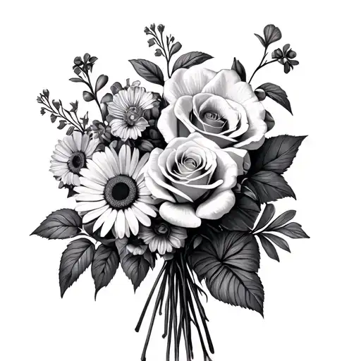 bouquet of roses, forget me nots, daisies, sweet peas, orchids, African violets, chrysanthemums tattoo design idea