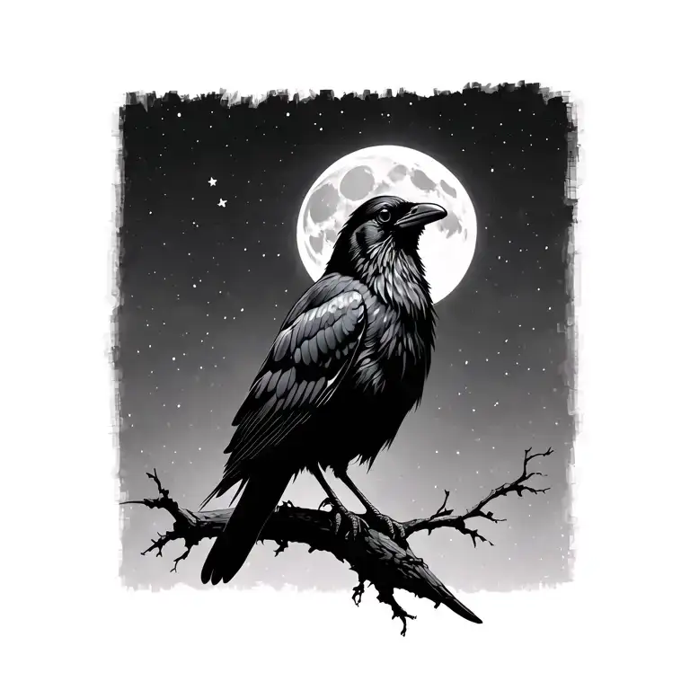 minimalist crow with moon in background black and white tattoo design idea