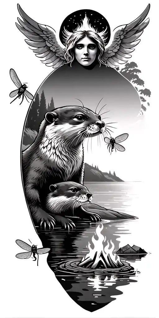 lake scene featuring otter, dragonfly, honey bees, camp fire and angel head at the top. tattoo design idea