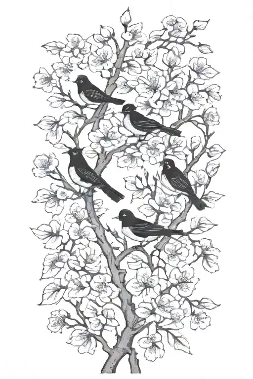 sideways very thin black and white masculine cherry branch tattoo with minimal blossoms  with 4 solid black birds.     tattoo design idea
