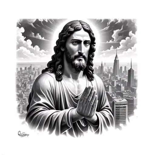 hyper realistic Jesus looking down on city from the sky praying ground on fire gray tone tattoo design idea