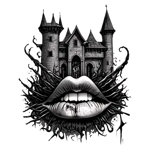 Lip shut, stitched with strings, grim dark, lovecraft, mysterious, castle behind with prison, futility, silence tattoo design idea