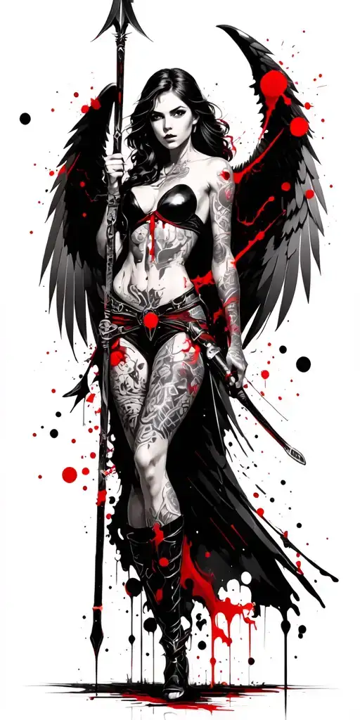 fantasy style, tattooed, female battle angel with white wings using a spear tattoo design idea