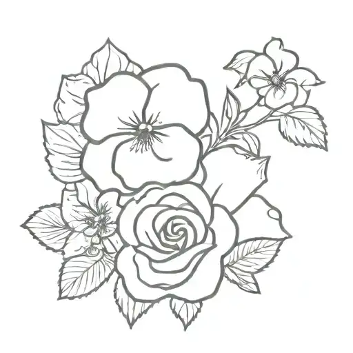 simple bouquet with rose, pansy and azalea flower outline tattoo design idea