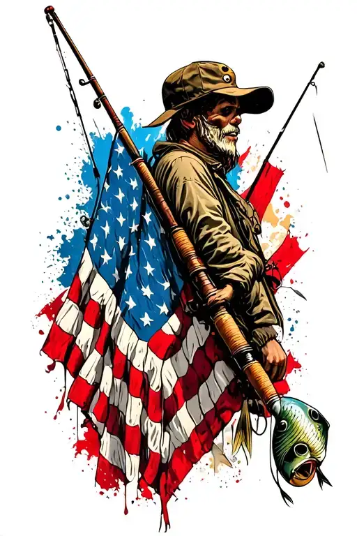 distressed american flag with fishing pole tattoo design idea