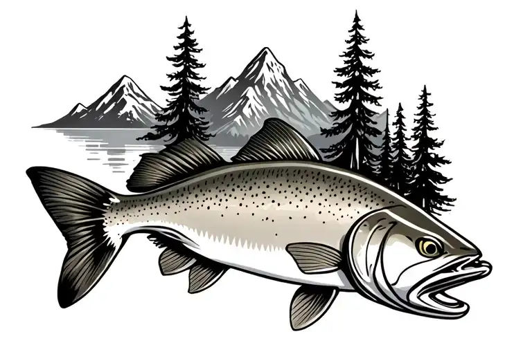 trout with mountains and trees coming out of its back tattoo design idea