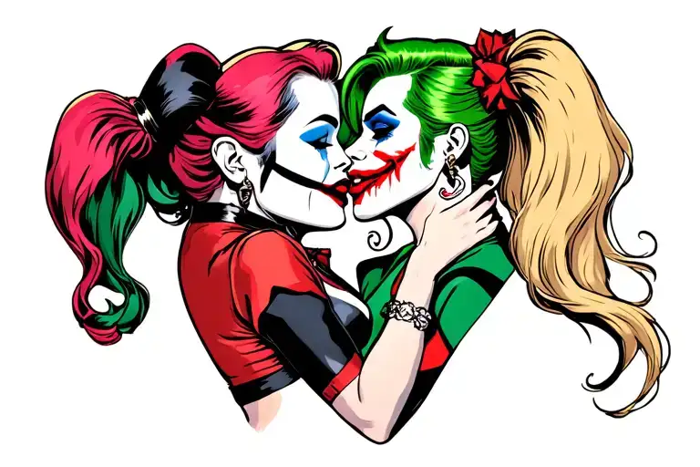 Harley Quinn and joker kissing cartoonish tattoo design idea