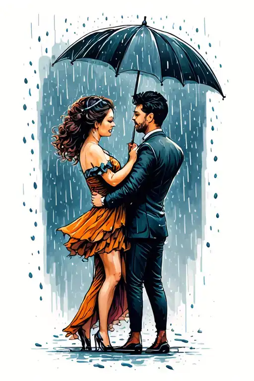 couple dancing in a storm no umbrella getting rained tattoo design idea