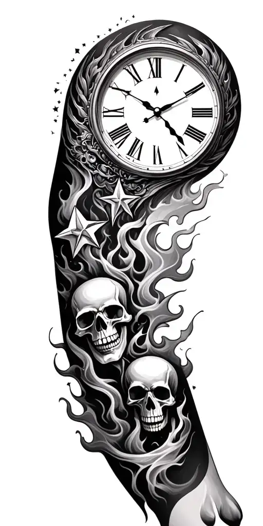 full sleeve. inner and outter arm. half moon. 7 stars the same size. a clock. smoke, flames and skulls. use black n grey tattoo design idea