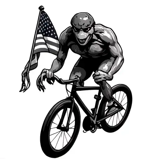 Make me a tattoo design of a crab riding a triathlon bike, holding an American flag in one claw and a rock on hand gestu tattoo design idea