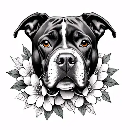 Pitbull face made entirely of flowers tattoo design idea