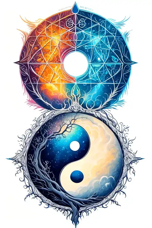 metatrons cube, tree of life, space and a yin yang tattoo design idea