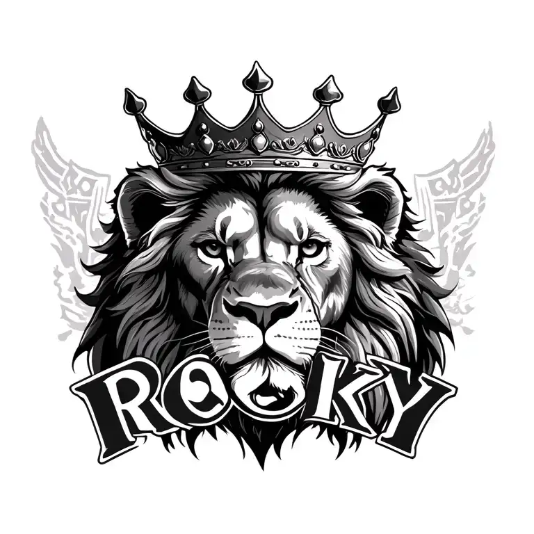 lion wearing crown with name Rocky in cursive writing tattoo design idea