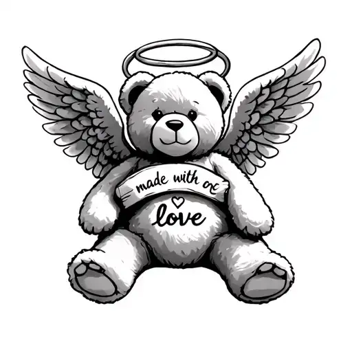 I want a teddy bear with angel wings and a halo that says “made with love” tattoo design idea