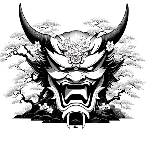 Oni mask with japan house with sakura tree tattoo design idea