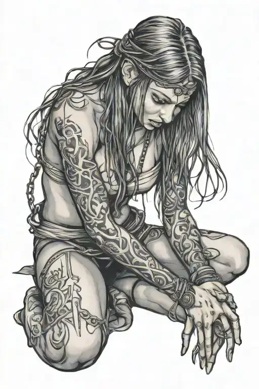 slave girl on knees chained tattoo design idea