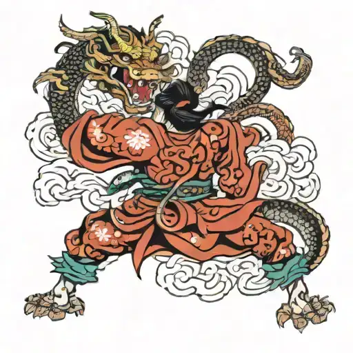japanese dragon fighting samurai warrior battling demons tattoo design idea