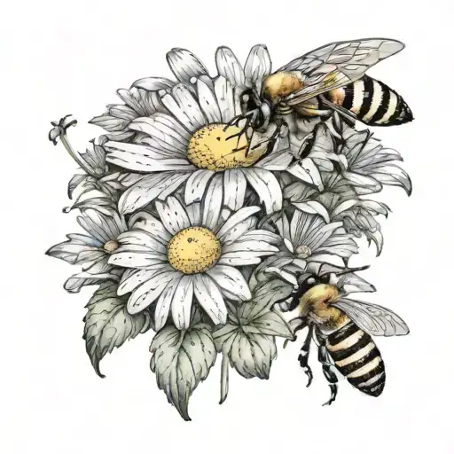 Daisy flowers with honey bee collecting nectar from a flower tattoo design idea