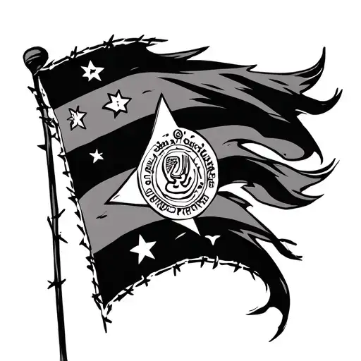 Victory banner unfurled like rodeo flag, with dharma symbols and stars, weathered canvas texture, barbed wire border tattoo design idea