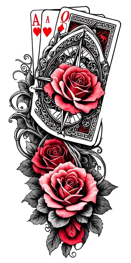 filigree design with playing cards, compass and roses tattoo design idea