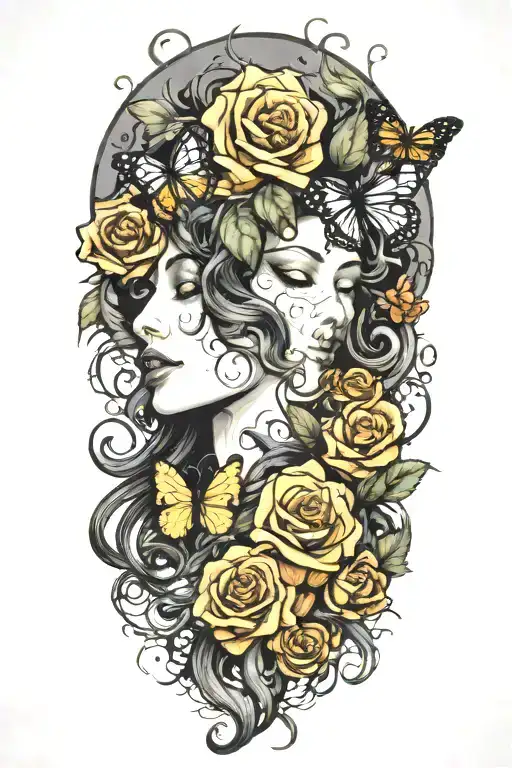Medusa's head with roses and butterflies framing her tattoo design idea
