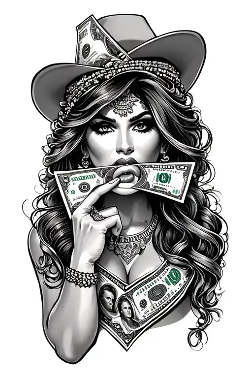 chicano lady with money in mouth tattoo design idea