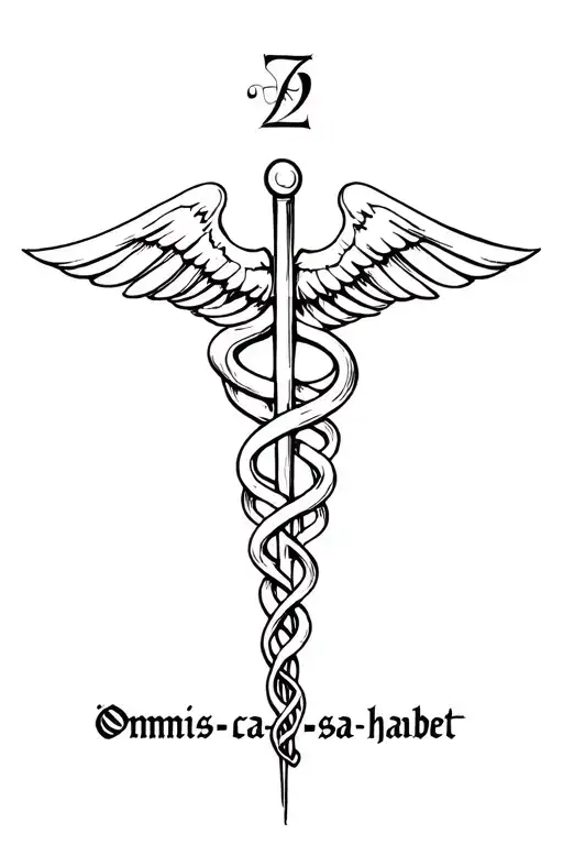 create me a calf tattoo with: The kybalion symbol with The caduceus with the quote "𝔬𝔪𝔫𝔦𝔰 𝔠𝔞𝔲𝔰𝔞 𝔥𝔞𝔟𝔢𝔱 𝔰 tattoo design idea