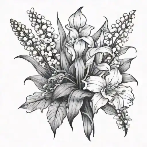 bouquet of four flowers, one lily of the valley, one narcissus, and two gladiolus tattoo design idea