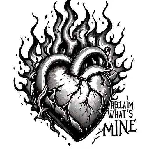  'Reclaim what's MINE' in strong, a heart on fire, with flames engulfing the top part of the heart, radiating intensity  tattoo design idea