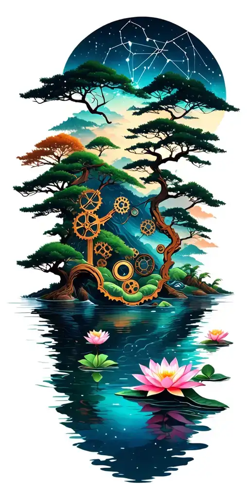 random constellation & layered Japanese landscape of trees,water,bamboo,tiny lotuses,and wood mechanical gears. tattoo design idea