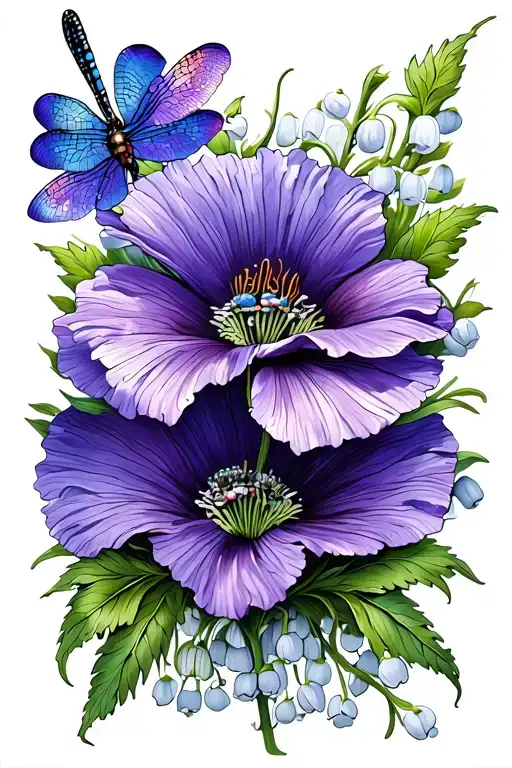 Fine line tattoo going down the spine. Dragonfly. Violets (flower), poppy’s (flower), lily of the valley (flower) tattoo design idea