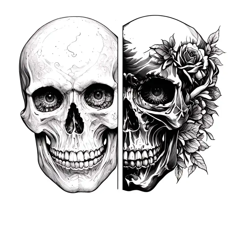 half skin and half skull face tattoo design idea
