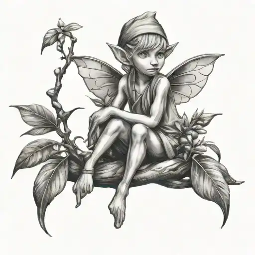 little elf fairy sitting with olive tree branch representing tattoo design idea