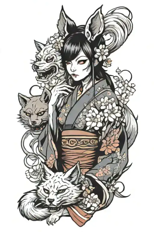 girl with a kitsune and a oni mask tattoo design idea