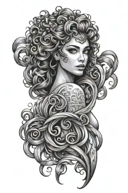 athena sleeve tattoo curly hair tangled together tattoo design idea