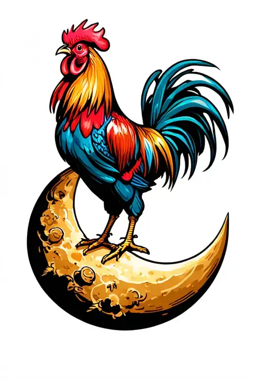 cool rooster on the moon tattoo design idea