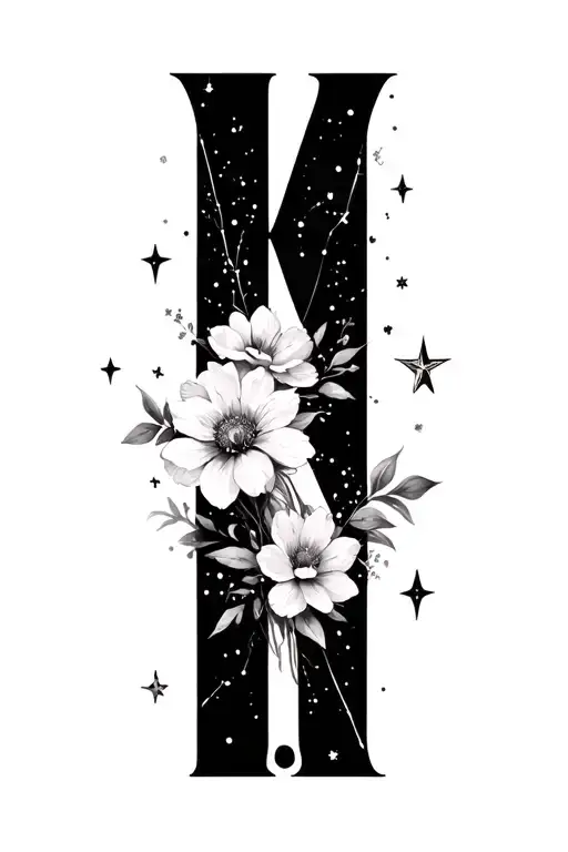 stars, Gemini constellation, uplifting word, floral, k letter tattoo design idea