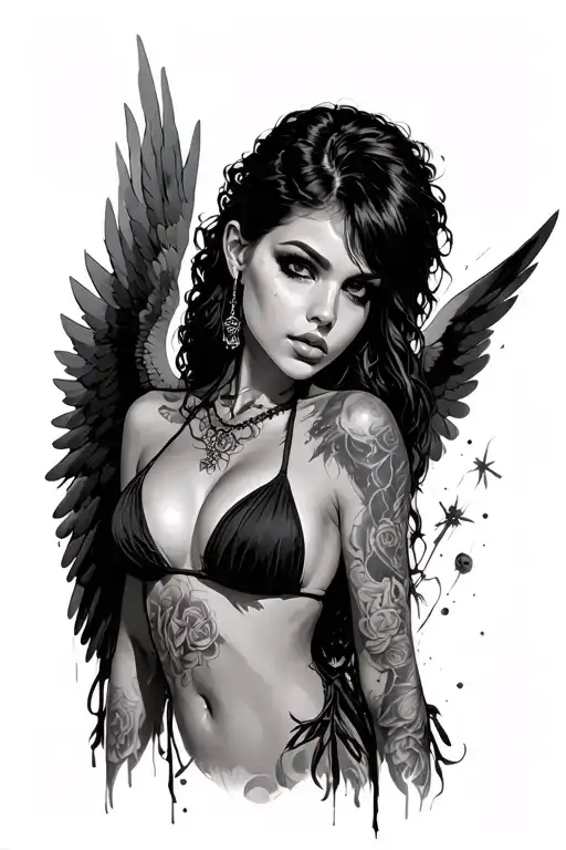 a female gothic angel with a bikini on tattoo design idea