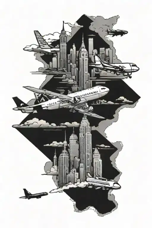 plane fly through Philadelphia skyline tattoo design idea