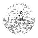 small figure walking across calm waves, abstract flowing lines merging with horizon, symbol of trust and courage tattoo design idea
