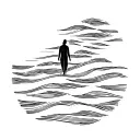 small figure walking across calm waves, abstract flowing lines merging with horizon, symbol of trust and courage tattoo design idea