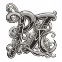 Cursive letters B K G mixed tattoo design idea