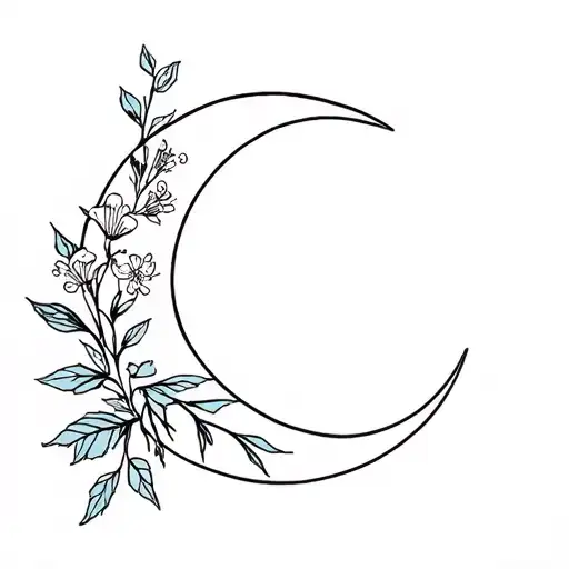 fine line crescent moon with honeysuckle and larkspur tattoo design idea