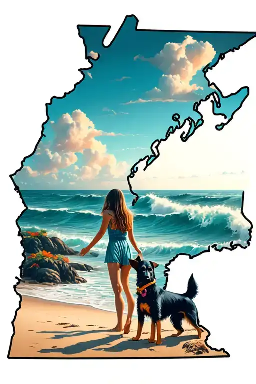 Massachusetts state outline, beach with ocean, girl and dog tattoo design idea