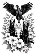 a mccaw bird with open wings, a horse skull, 2 black german shepherd dogs, a black cat. filled with morning glories tattoo design idea