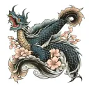 dragon and koi fish with cherry blossoms and japanese waves  tattoo design idea