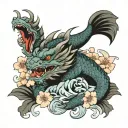 dragon and koi fish with cherry blossoms and japanese waves  tattoo design idea